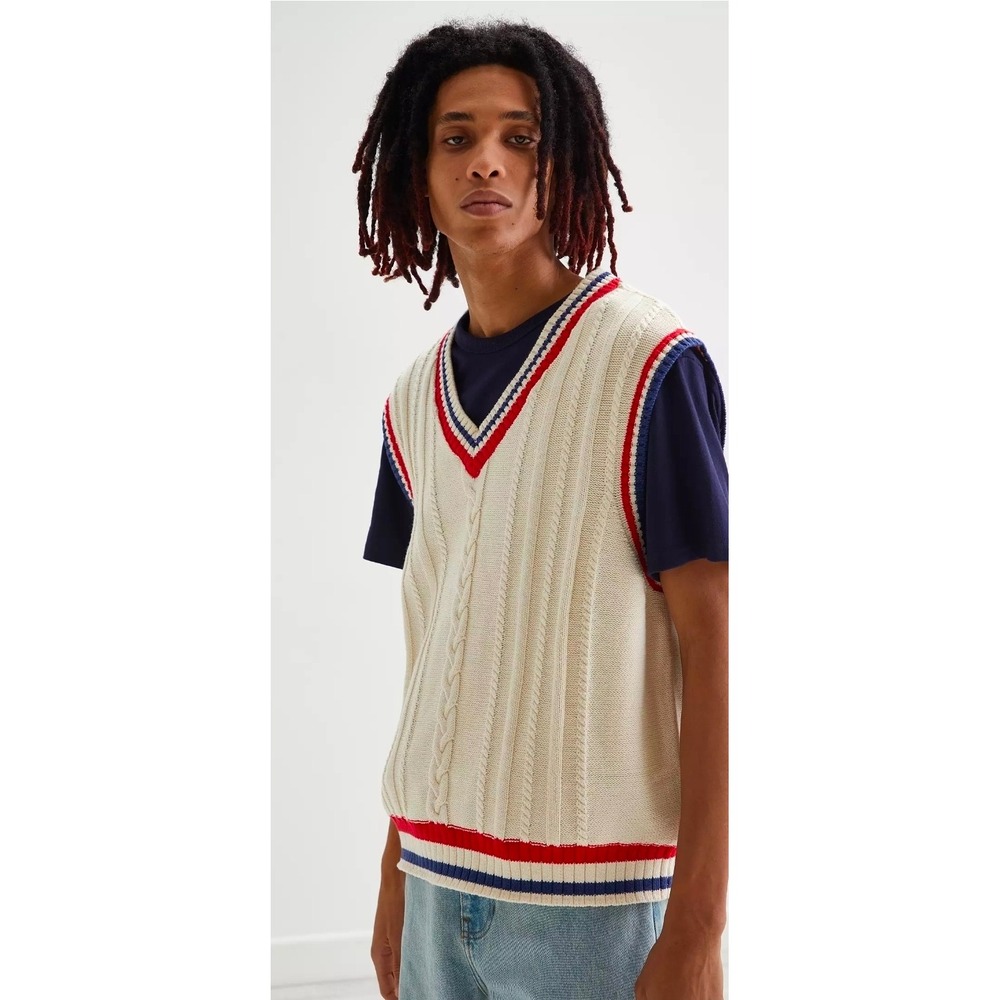 URBAN OUTFITTERS Mens XL Cable Knit Sweater Vest‎ V-Neck Red Blue Stripe Trim